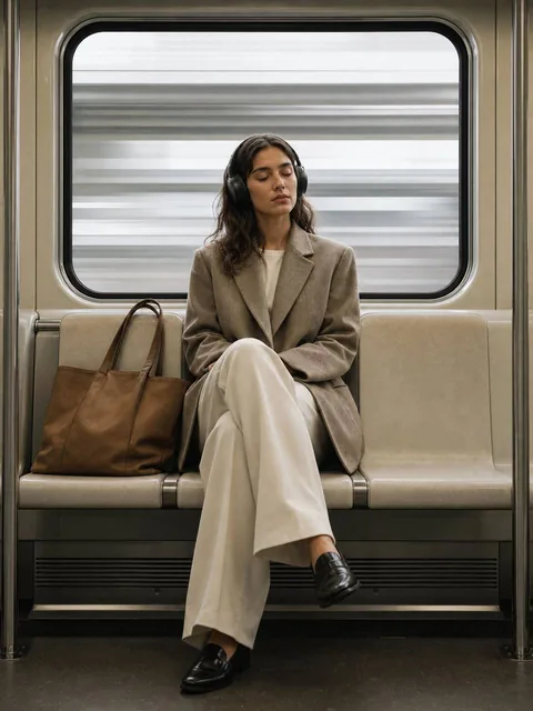 A woman seated alone in a modern train carriage, symmetrical composition, wearing oversized jacket and headphones, tote bag beside her, soft daylight and interior lighting, high realism.