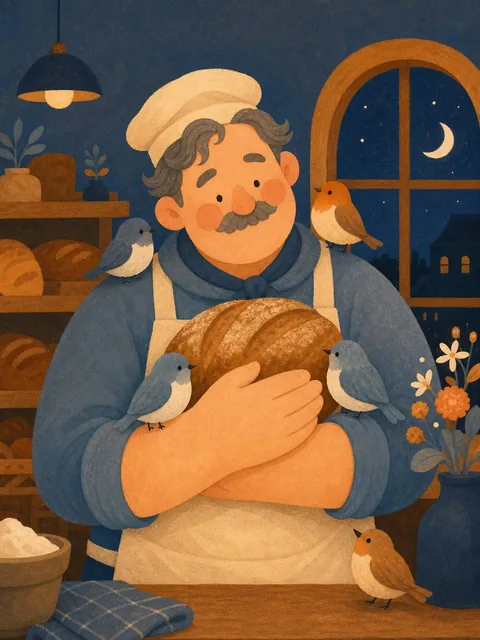 A kind, middle-aged baker with rosy cheeks and dot eyes holds a loaf of bread, with small birds perched on their arms and shoulders, in a cozy, minimally decorated bakery at night.