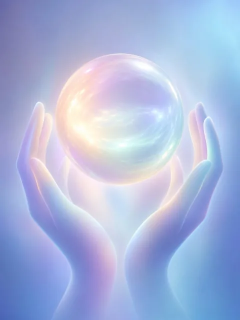Surreal composition of two simplified hand silhouettes made of smooth lavender, blue, silver, and cyan gradients gently holding a floating glowing orb with iridescent pearlescent colors against an icy blue and pearl grey atmospheric background.