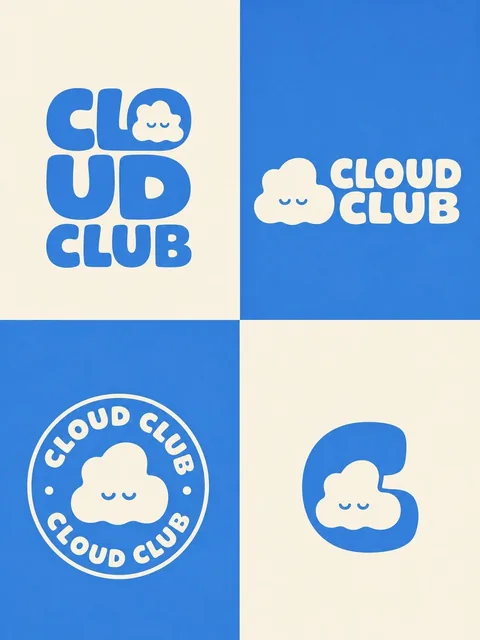 A 2x2 grid showcasing the Cloud Club logo identity, featuring a soft, blobby cloud character integrated into bold, rounded typography in deep sky blue and off-white.