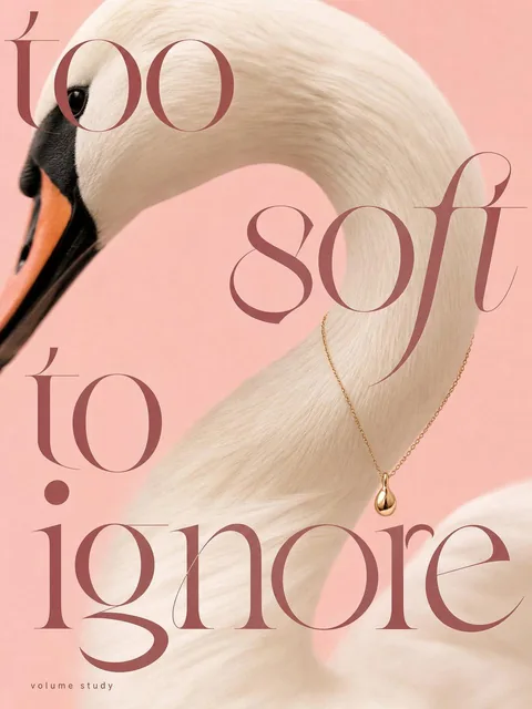 Extreme close-up of a graceful white swan neck with elegant S-curve, smooth feathers with slight motion blur, solid matte soft pink background, delicate gold chain with small pendant resting naturally along the neck curve, sharp focus on jewelry, minimal soft shadows, clean refined composition, expe