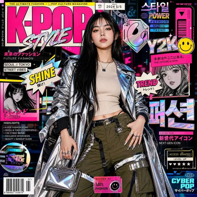 A hyper-stylized K-pop fashion magazine cover featuring a glamorous young woman with long straight jet-black hair, soft bangs, flawless glowing skin, and sharp makeup, standing confidently in futuristic streetwear including a metallic silver and black trench coat, beige knit top, olive green cargo p