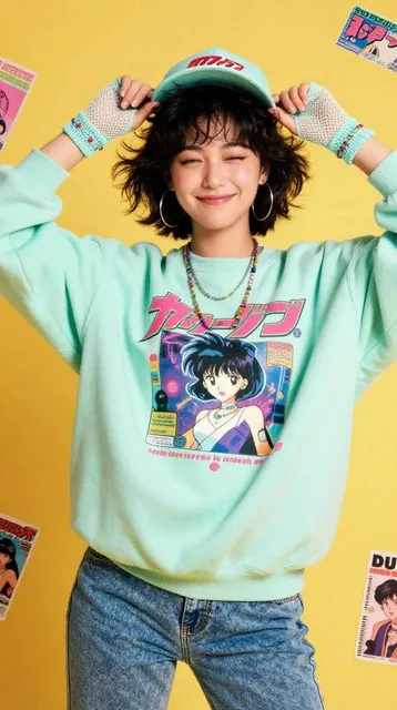 A cheerful Asian girl with short fluffy bob haircut and soft bangs wearing an oversized pastel sweatshirt with colorful retro anime print, pastel baseball cap, denim shorts, and cute bracelets, posing with a bright smile while holding a cap in a vibrant solid yellow studio background with soft light