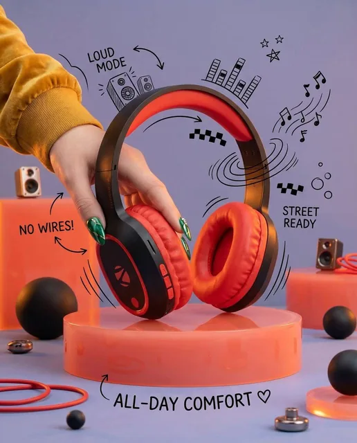 Ultra-realistic product photography of stylish wireless over-ear headphones floating above a glossy podium with neon lighting, soft pastel background, and detailed hand holding headphones with glossy nails, featuring playful doodle-style handwritten text and arrows highlighting features like 60 HRS,