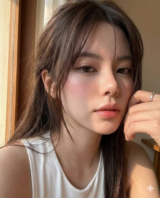 A hyperrealistic iPhone 17 Pro rear camera selfie of a young woman near a sunlit window, with warm sunlight cutting across her cheek, nose, lips, and hair, showing visible pores, glossy lips, sharp eyelashes, and natural skin texture in an intimate close-up composition.
