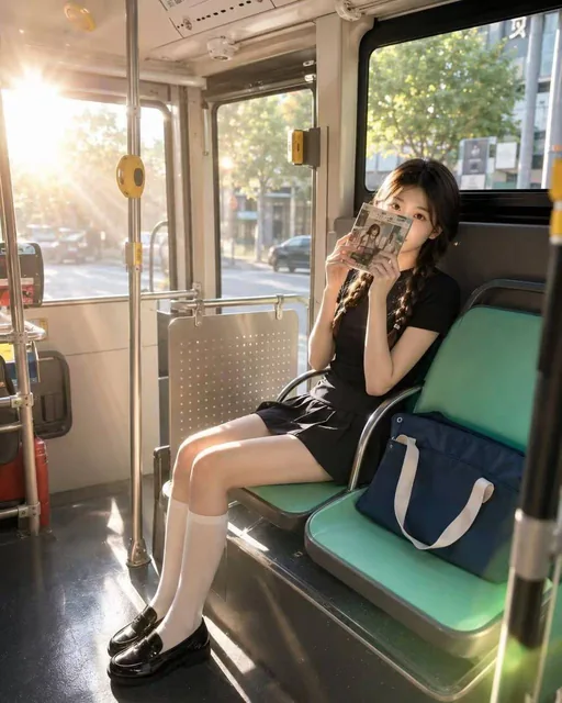 A highly realistic cinematic photo of a person sitting sideways on a green bus seat, holding a book in front of their face, with strong sunlight creating flares and soft shadows inside a modern city bus.