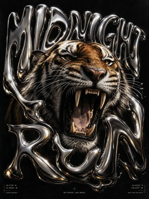 A luxury fashion-style poster featuring a close-up of a roaring tiger with mouth open and visible teeth, intense expression, sharp directional lighting, dramatic shadows, and large liquid chrome typography spelling 'MIDNIGHT RUN' integrated into the scene.