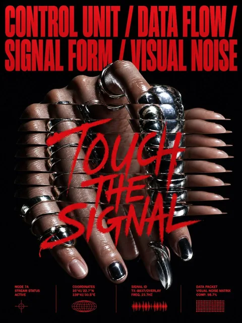 An editorial poster featuring a surreal composition of a human hand wearing oversized chrome rings, with fingers duplicated in cascading horizontal slices creating a mechanical rhythm effect. Strong flash lighting highlights glossy skin and metal reflections. Across the center, rough handwritten red
