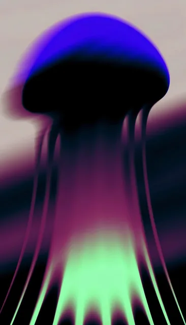A massive, abstract jellyfish silhouette rendered in fluorescent colors like electric cobalt blue and toxic lime haze, dissolving into a dark, atmospheric background with a strong