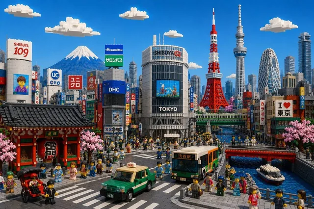 A vibrant LEGO-style cityscape of Tokyo featuring iconic landmarks like Tokyo Tower and Shibuya Crossing, built with colorful interlocking bricks under a bright sky.