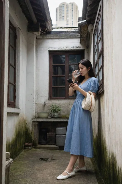A candid photograph of a young East Asian woman in her early 20s standing in the open-air interior courtyard of a Shanghai shikumen house. She wears a powder blue cotton midi dress with puff sleeves and holds a phone, with a glass of iced water in her other hand. The scene features old whitewashed p