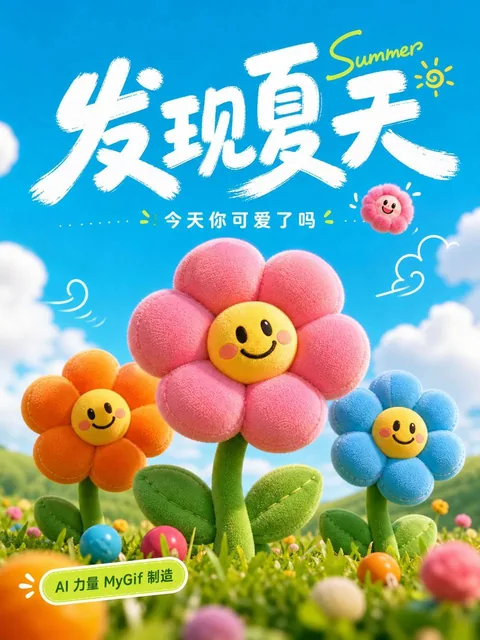 A cheerful summer discovery poster with oversized white brush lettering saying '发现夏天', featuring three smiling plush flowers in a sunny meadow against a cyan sky.