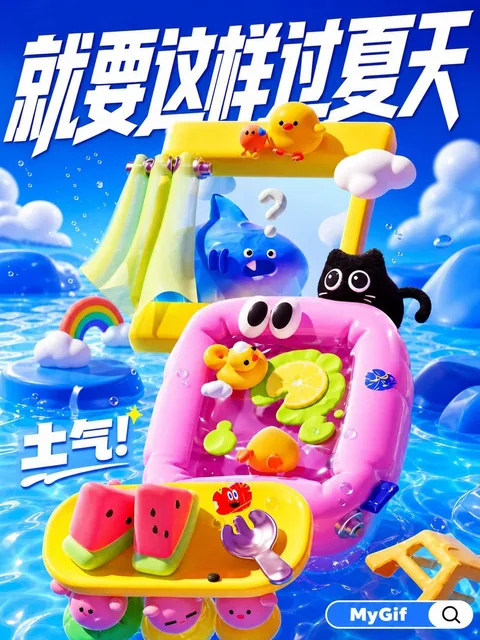 A vibrant 3D summer poster with the Chinese text '就要这样过夏天' at the top, featuring a pink inflatable chair, toy ducks, chicks, lemon slices, and watermelon popsicles floating in a gl
