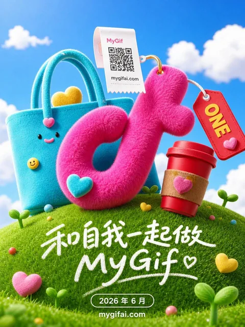 A cute summer shopping poster with plush accessories like a pink key charm and turquoise tote bag on a green grassy hill, under a blue sky with clouds. Text includes Chinese and En