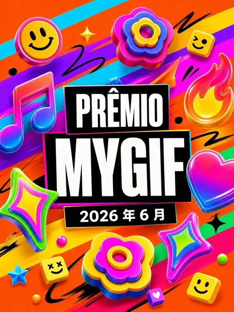 A loud, maximal neon award poster with 'PRÊMIO MYGIF' in bold white text on black blocks, set against diagonal rainbow ribbons and surrounded by glossy 3D icons like music notes, f