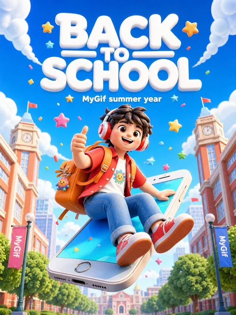 A 3D render of a student with an orange backpack riding a giant smartphone through a bright, pastel-colored campus city, with 'BACK TO SCHOOL' text above.