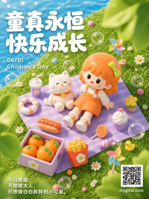 A top-down view of a Children's Day picnic poster featuring toy snacks like hot dogs and fries, a doll, a white cat plush, and a windmill on a lavender mat, with Chinese text '童真永恒
