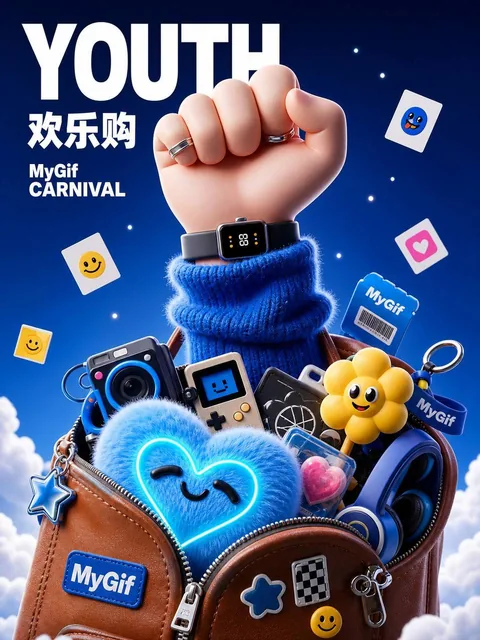 A dramatic 3D youth carnival poster with the word YOUTH prominently displayed. A raised fist in a fuzzy sleeve emerges from a brown leather bag filled with tech accessories like a
