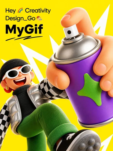 A bold close-up 3D creative poster featuring a designer toy character wearing a black beanie, white sunglasses, and a metallic silver puffer vest, holding an oversized purple-orange spray-paint can toward the camera. Neon yellow background with white lightning shapes. Text: Hey 🌈 Creativity, Design_