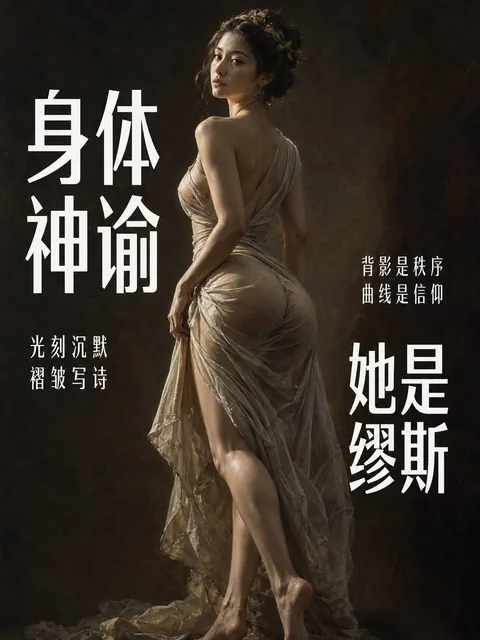 A high-contrast black and white photograph of a classical marble goddess sculpture in contrapposto stance, wearing a thin marble drapery that reveals her elegant S-curve body, with large white Chinese poster text overlaid.