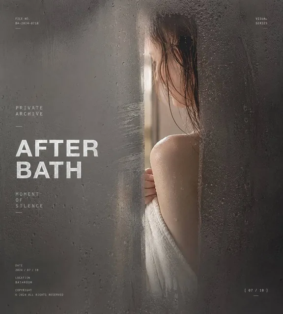A woman's form is partially visible through a narrow, clear section on a fogged mirror, with condensation droplets and wiping marks obscuring the rest, evoking a sense of private i