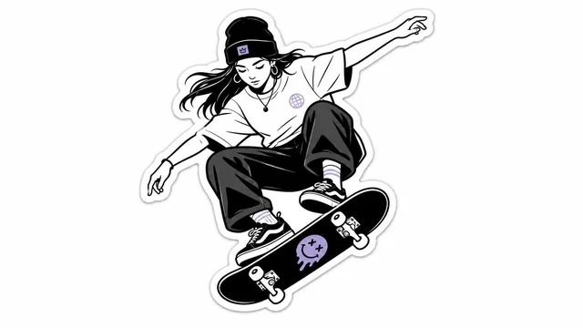 A minimal monochrome sticker illustration featuring a subject with bold black outlines, tiny accent colors, and modern streetwear branding style.