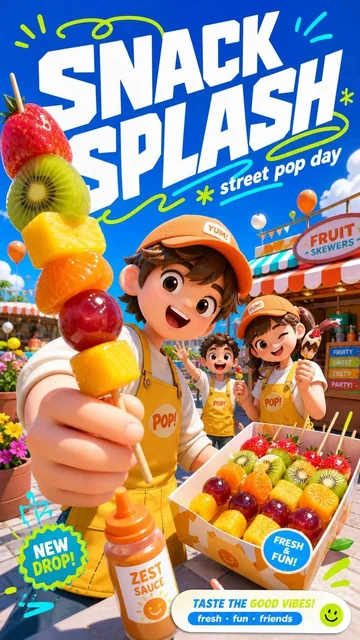 A bright social campaign poster featuring glossy toy-like 3D avatars in saturated blue-sky outdoor lighting, with exaggerated wide-angle perspective, oversized slanted headline typography, and neon hand-drawn motion marks.