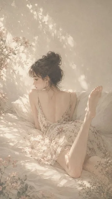 Retro soft focus Japanese semi-realistic illustration of a girl in a quiet, elegant pose, rendered in a delicate gouache style with a muted color palette and soft natural light.