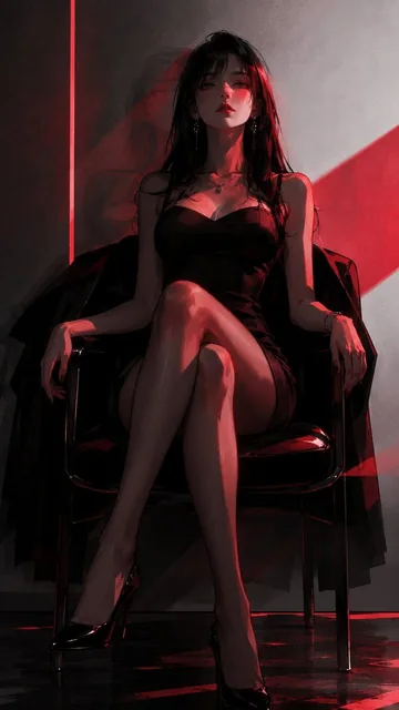 A dark and moody Korean-style digital illustration featuring a mysterious figure in black and dark red tones, with sharp neon red light cutting across the subject, set against a cold gray-white background with high contrast and low illumination.