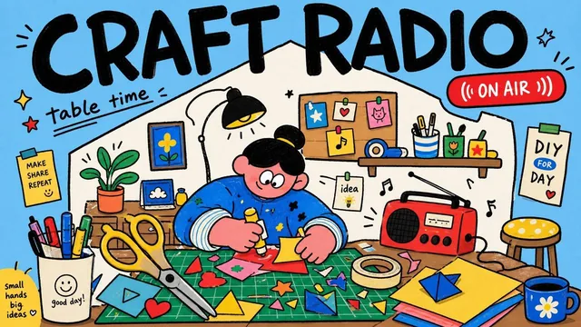 A naive flat poster with a sky-blue background and a rough white house-shaped inset. Giant uneven black hand-lettering reads a playful headline. Small badge labels and thick-outlined cartoon home-life scenes show simple domestic actions like a workshop or exchange. Red capsule accents and wobbly mar