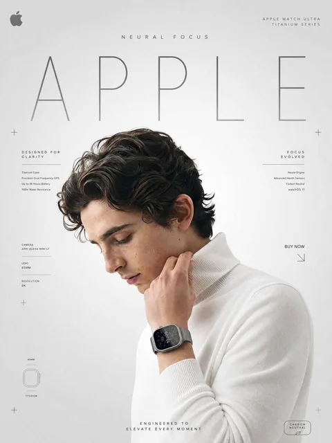 Four ultra-premium tech SMM posters featuring Timothée Chalamet with Apple Watch, Sydney Sweeney with Samsung Galaxy Z Flip, Jennie Kim with Sony headphones, and Hunter Schafer wit