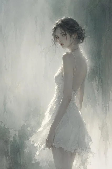Semi-realistic anime illustration in cool gray-green tones with a soft focus watercolor texture, featuring a slender, elegant subject against a misty background.