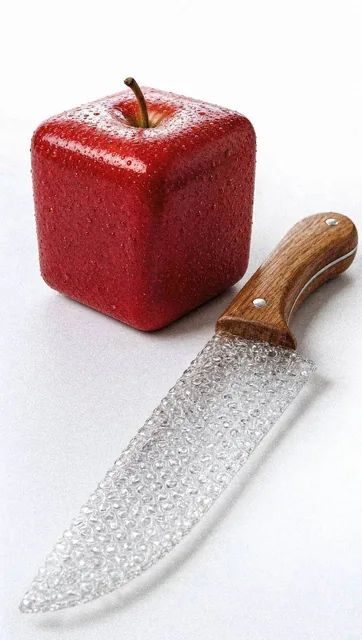 Highly detailed product photography of a perfectly cubic fruit with realistic texture and fresh appearance, positioned beside a dramatic knife with a realistic wooden handle and a blade made entirely of clear bubble wrap plastic, on a seamless white background with soft studio lighting.