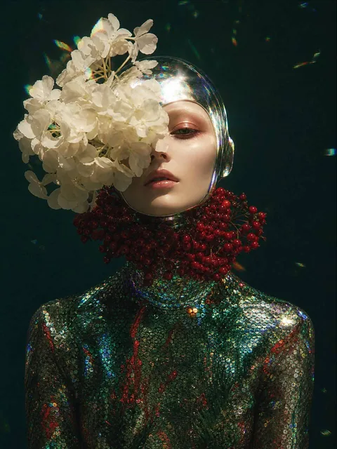 Surreal fashion portrait of a woman with a smooth porcelain face, a reflective chrome head, and oversized white hydrangea blossoms covering one side of her face, with red berries a