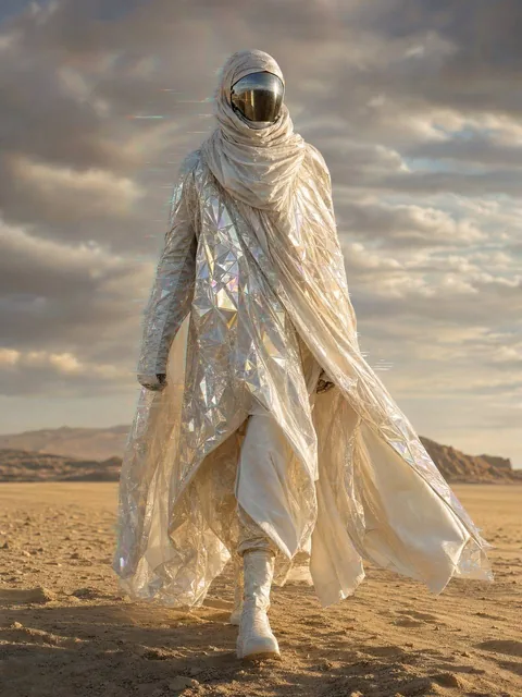 A futuristic traveler in flowing white robes with crystalline textures walks across a desert landscape, face obscured by a reflective visor, with subtle holographic glitches and ci