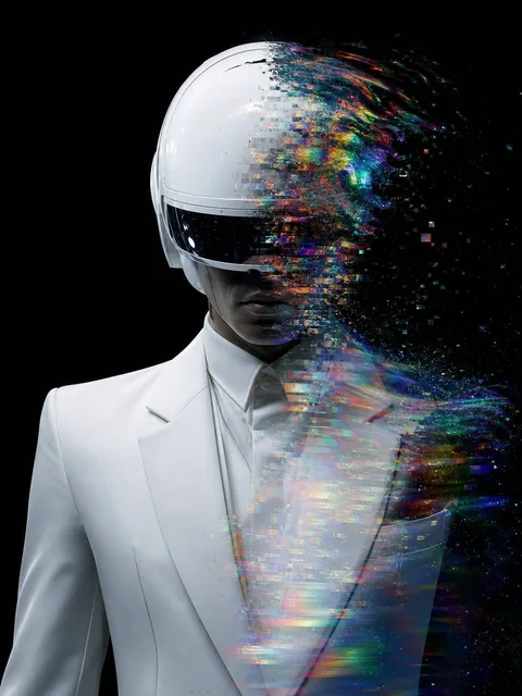 Minimalist portrait of a person in a white suit, half of their face dissolving into vibrant rainbow pixels and digital noise, with a glossy helmet and chromatic distortions on a bl