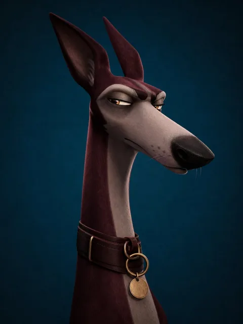 Stylized 3D illustration of a greyhound dog's portrait, featuring an elongated neck, oversized nose, narrow suspicious eyes, large pointed ears, and a leather collar, set against a