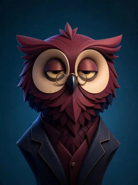 A stylized owl professor portrait with an oversized round head, sleepy half-closed eyes behind tiny round spectacles, short curved beak, layered feather-like geometric forms in deep burgundy and navy blue, wearing a simple dark academic jacket against a deep teal blue background, contemporary animat