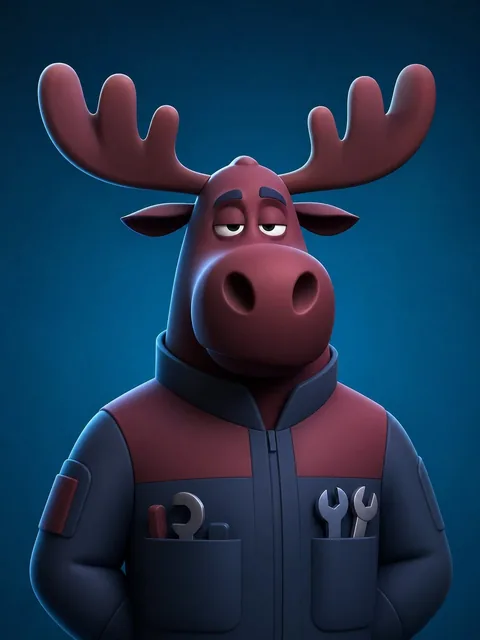 A stylized anthropomorphic moose mechanic portrait with oversized rounded muzzle, simplified antlers, half-closed tired eyes, dark burgundy skin with navy blue accents, wearing a minimalist work jacket, set against a deep teal blue background, rendered in a polished 3D contemporary animation aesthet