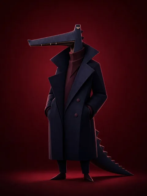 A stylized 3D illustration of a crocodile detective character standing upright, wearing an oversized dark trench coat, with a long angular snout and tiny eye, set against a deep red background with dramatic studio lighting and elegant negative space.