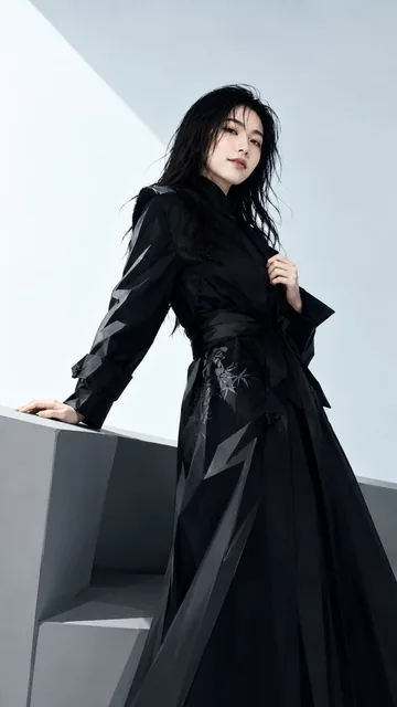 A series of four minimalist cel-shaded fashion illustrations featuring an adult Chinese woman in black new Chinese-style trench coat with bamboo embroidery, set against pale blue-gray backgrounds with geometric furniture, high-contrast lighting, and cool detached expressions.