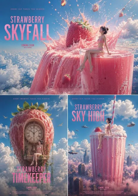 A girl in a pink swimsuit sits on the edge of a giant strawberry milkshake as tall as a skyscraper, with a straw piercing through clouds, cinematic movie poster composition.