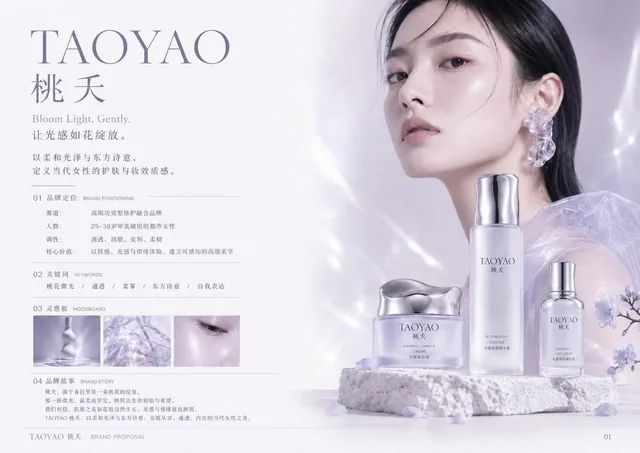 A set of 4 images showcasing a complete original cosmetics brand design, including brand positioning, name, visual system, product line, and packaging posters, with a minimalist and luxurious aesthetic.