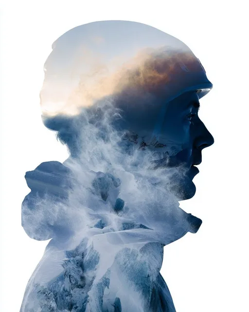 A double exposure portrait where a human silhouette contains a dynamic landscape, with dawn colors transitioning to dusk, creating a temporal narrative within the figure.