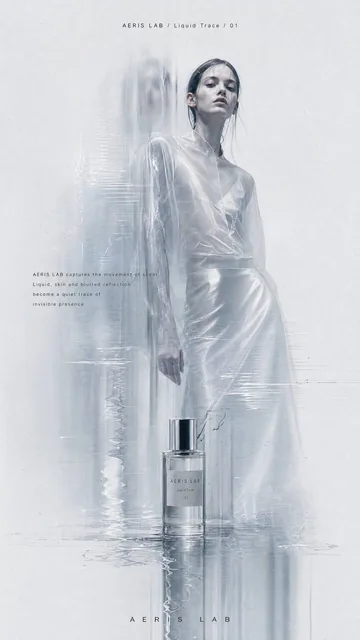 Vertical experimental fashion poster featuring a female model in a white crinkled tulle dress, with a ghost scan blur effect on the edges, against a subtle grey-white background.