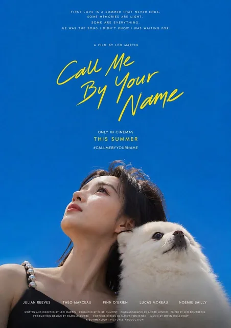 A cinematic movie poster style portrait based on the user's uploaded photo, featuring subjects cuddling at the edge of a vast, pure cobalt blue color field, gazing upward from an extreme low angle, with handwritten title text in bright yellow floating in the empty space.