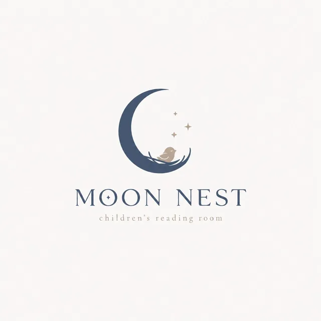 A minimal storybook silhouette logo featuring a poetic brand mark with a simple symbolic figure, strong negative space, clean vector style, refined light serif typography, soft muted colors, and small symbolic details like stars, moon, or tiny bird on a pure white background.