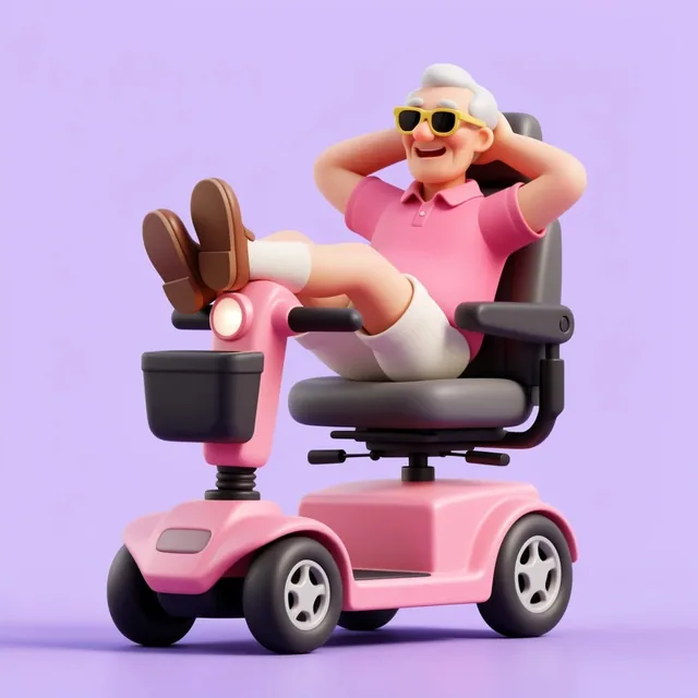 A stylized 3D render of a cheerful elderly man relaxing on a pink mobility scooter against a li...