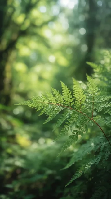Vibrant green fern frond extending from right to center, intricate delicate leaflets, thin redd...