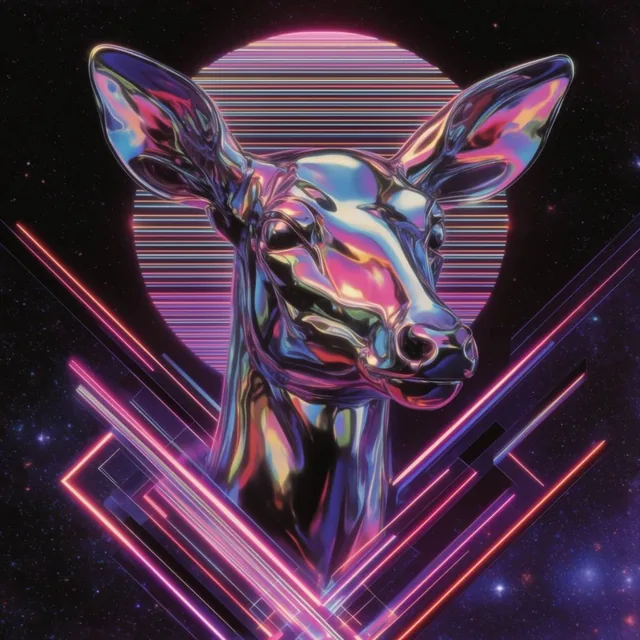 An iridescent, metallic doe head floats against a starry cosmic void. The cybernetic portrait f...